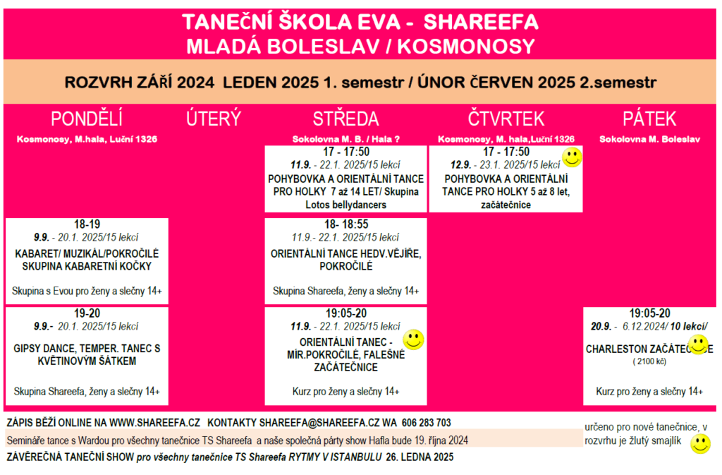rozvrh kurzů a kroužků tance pro děti a pro slečny, i pro ženy v Kosmonosích a v Mladé Boleslavi v taneční škole Shareefa od září 2024